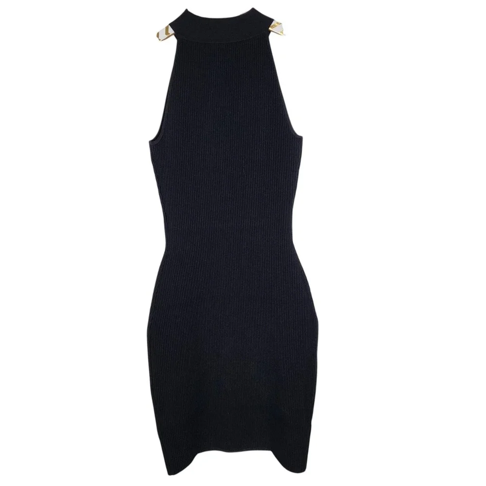 QUINCE Mockneck Halter Ribbed Knit Sweater Dress Womens XS Black Bodycon Mini‎